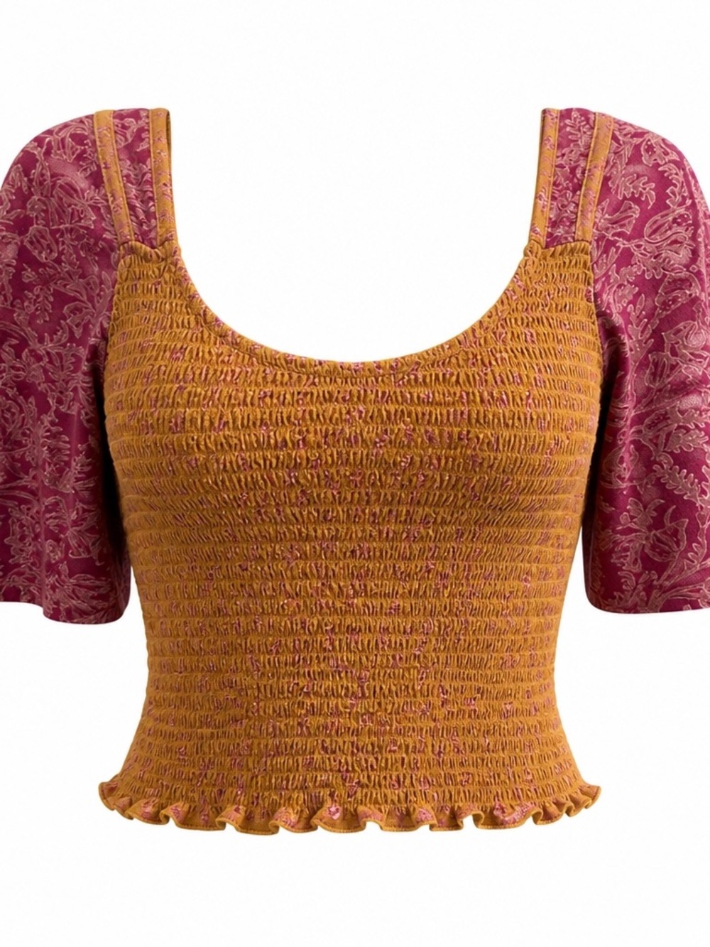 NWT Free People Smocked Scoop-Neck Crop Top - Mustard & Berry